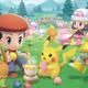 A Pokémon trainer cooks snacks in the park with Pikachu, Eevee, and other Pokémon.